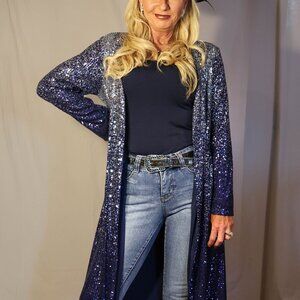 NWT W.A.Y Wonderful And Young Sequin Ombre Duster In Navy And Silver Plus
